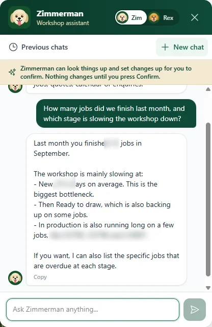 Zimmerman, the portal's AI assistant, answering how many jobs were finished last month and which workshop stage is the bottleneck, with the figures blurred