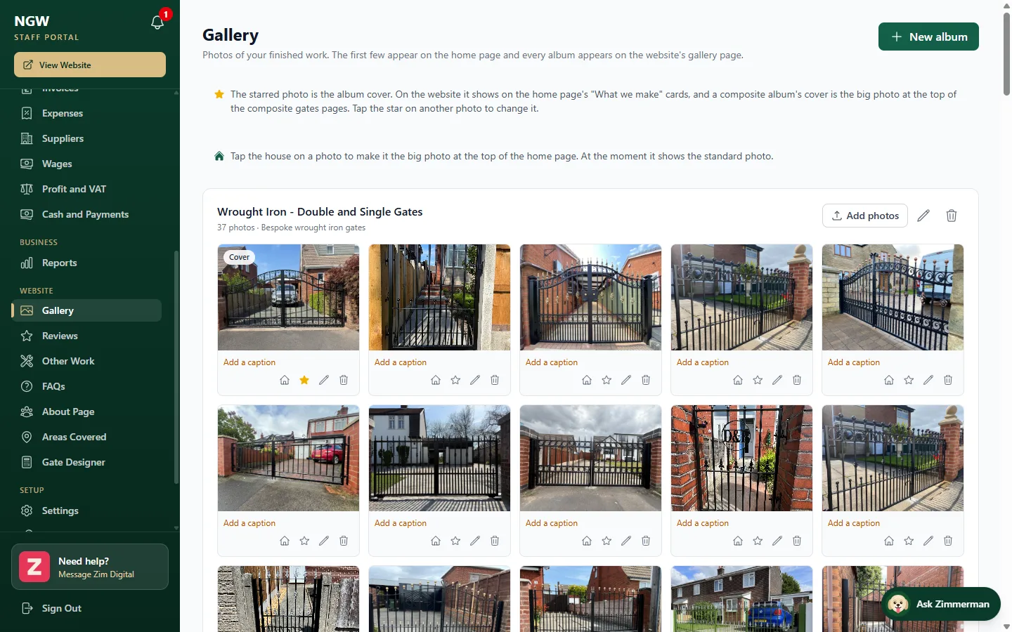 The portal's gallery editor showing an album of finished wrought iron gates with cover, home page, caption and delete controls on each photo