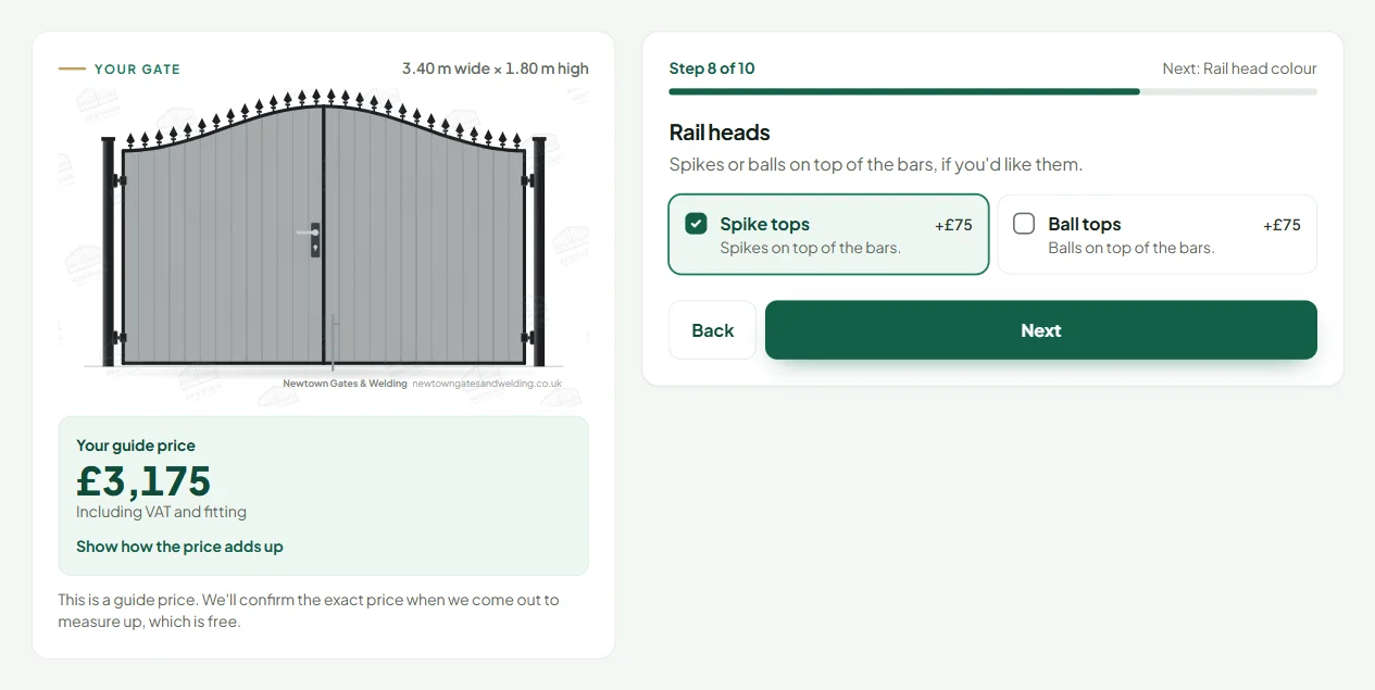The online gate designer drawing bell-top double composite gates with light grey boards, a black steel frame and spike tops, priced at £3,175 including VAT and fitting
