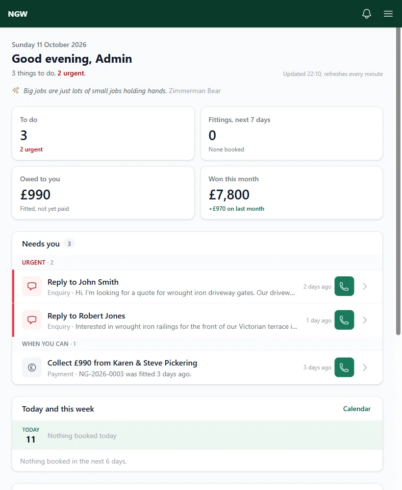 The portal dashboard on a tablet showing jobs that need attention, money owed, work won this month and the Ask Rex assistant