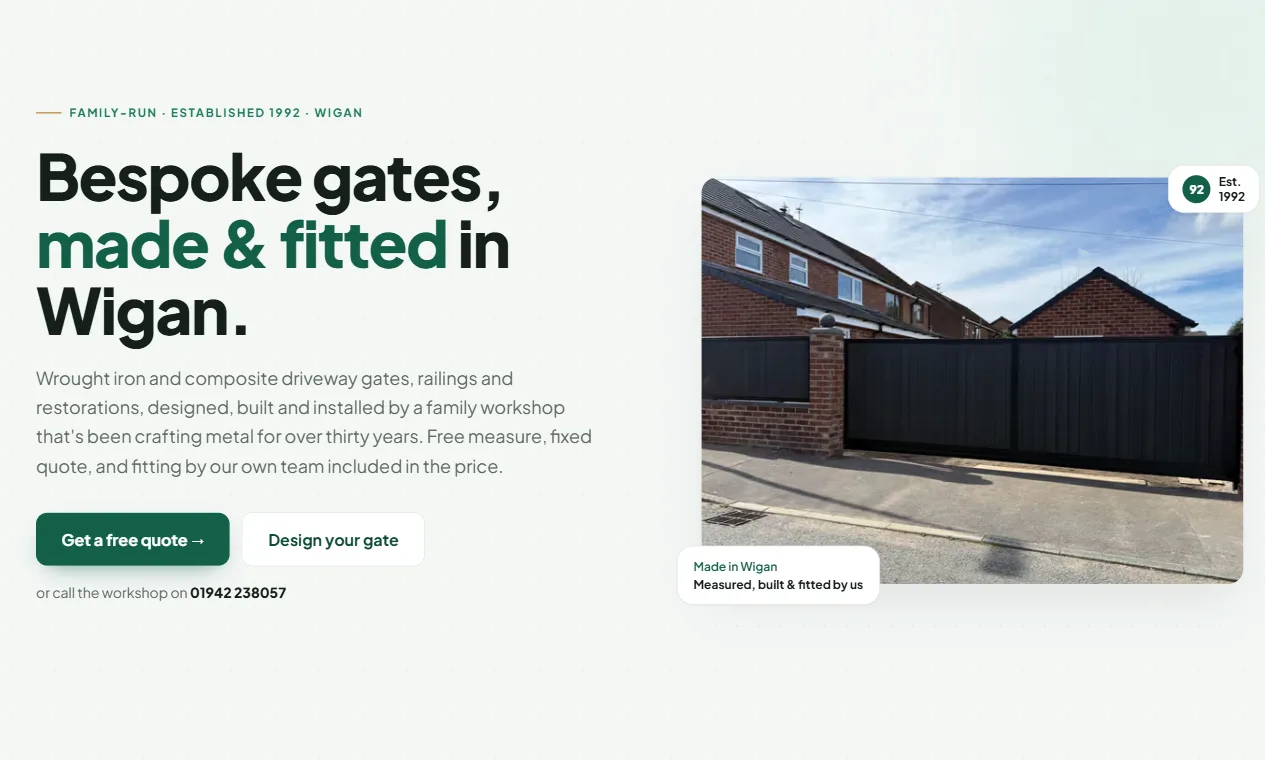 The new Newtown Gates & Welding homepage: bespoke gates, made and fitted in Wigan, with a photo of a black composite driveway gate